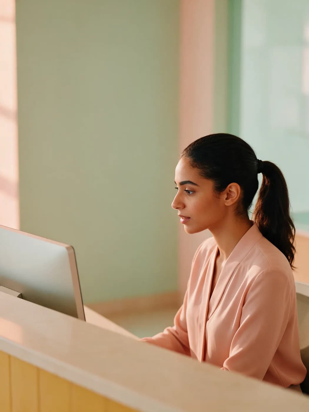 A receptionist in a blush blouse working at a bright, softly colored front desk.