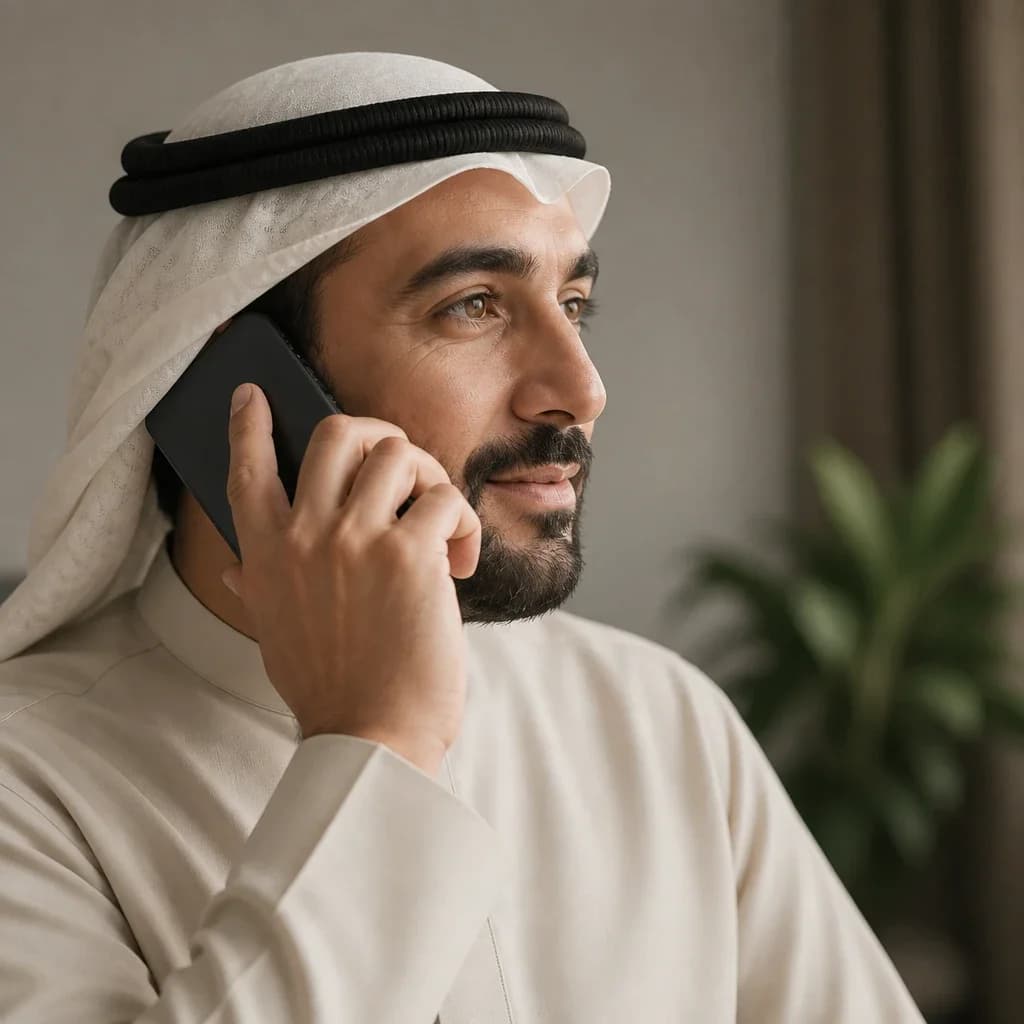 A man in an ivory ghutra speaking on the phone.